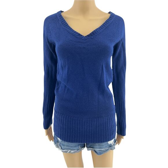 Ambiance Sweaters - Ambiance SMALL Y2K Navy Blue Tunic Knit Long Sleeve V-Neck Sweater